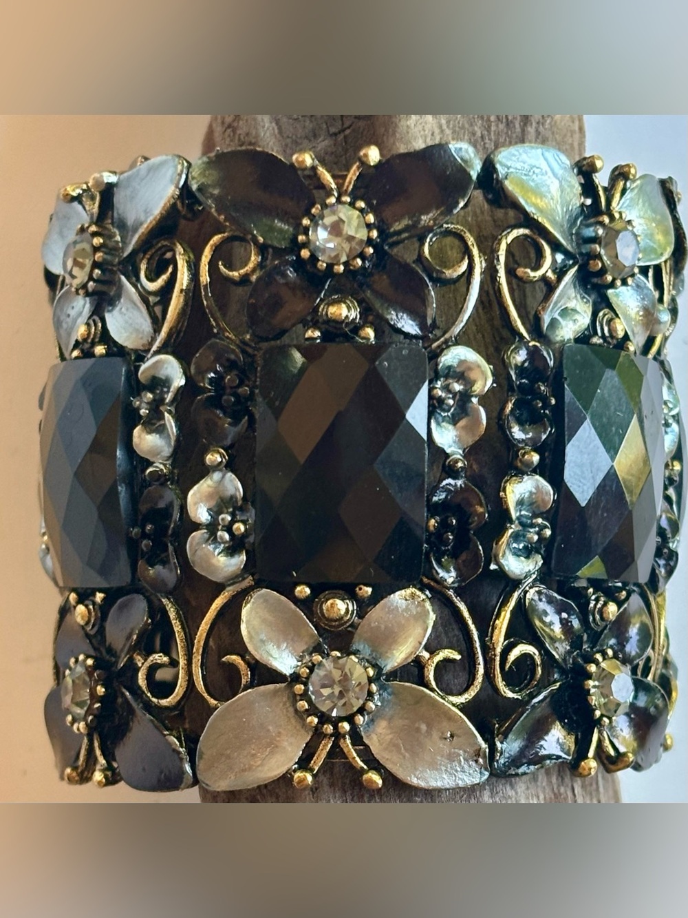 Vintage Style Antique Gold & Black Floral Butterfly Wide Statement Cuff Bracelet